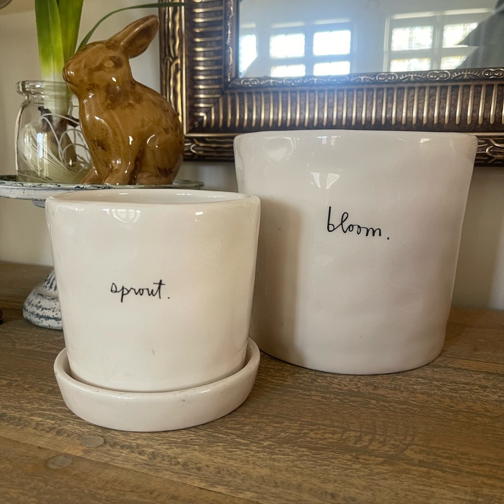 Rare Rae Dunn Pottery Barn Tea Garden ‘bloom’, ‘sprout’ Planter Bundle